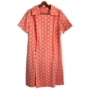 Vintage Paula's Dress 60s 70s Hippie Geo Size XL 42" Bust Coral Easter d